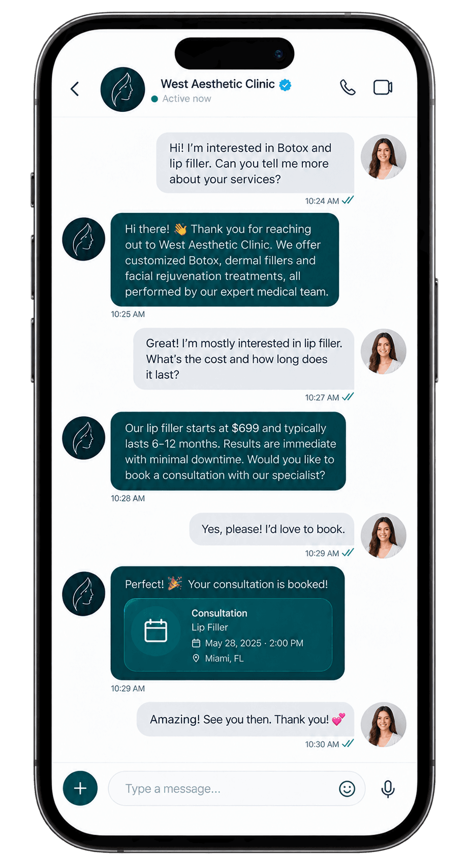 A phone showing an Acqurio AI assistant answering a customer's questions about treatments, quoting a price and confirming a booked consultation.