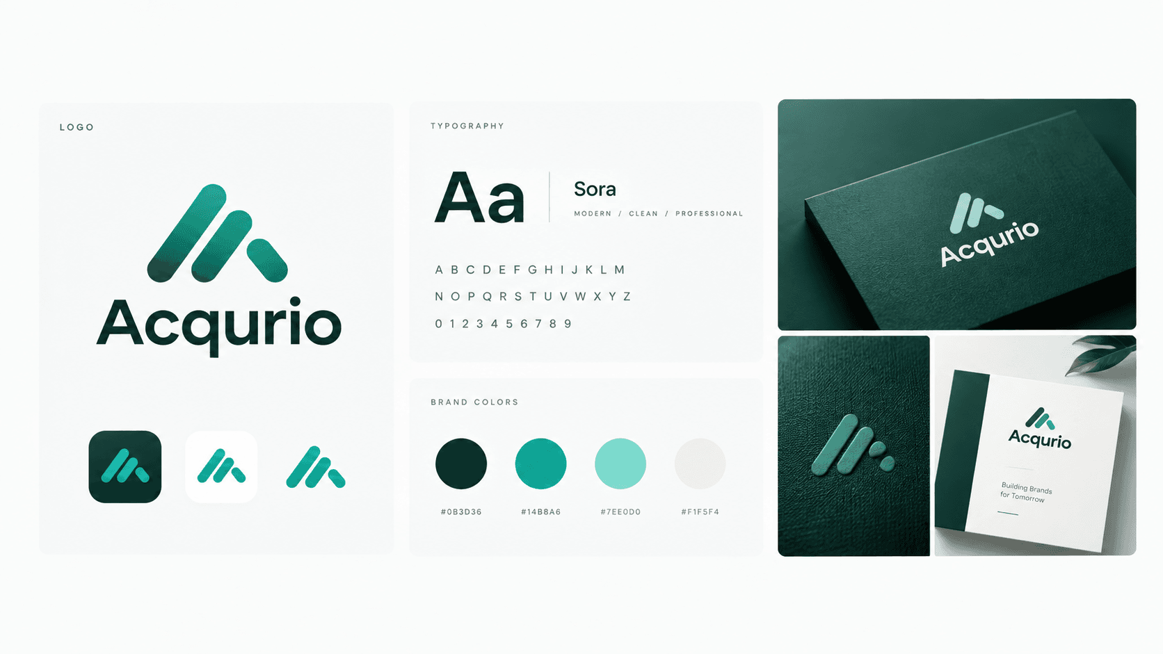 A brand identity: logo, app icons, typography, brand colors, a business card and printed stationery.