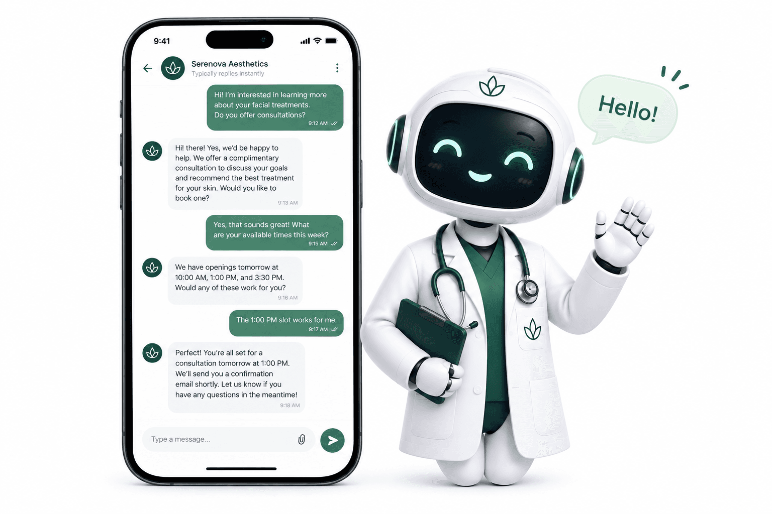 A website chat assistant answering a customer's question and booking an appointment.