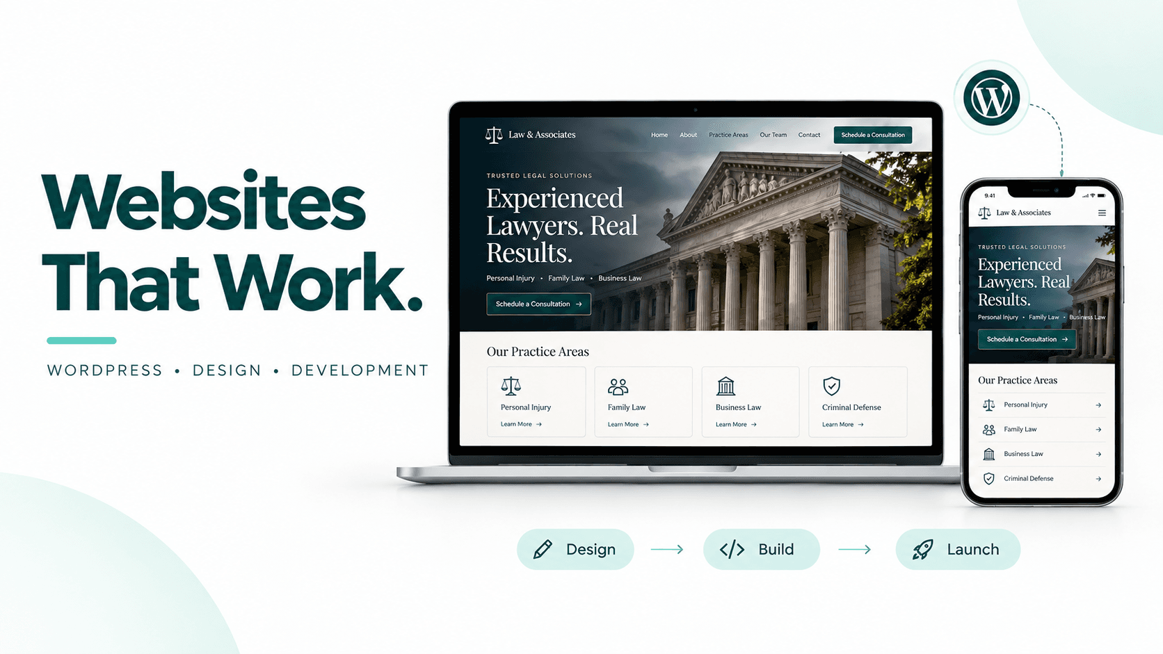 A professional services website built on WordPress, shown on a laptop and a phone with a consultation call to action.