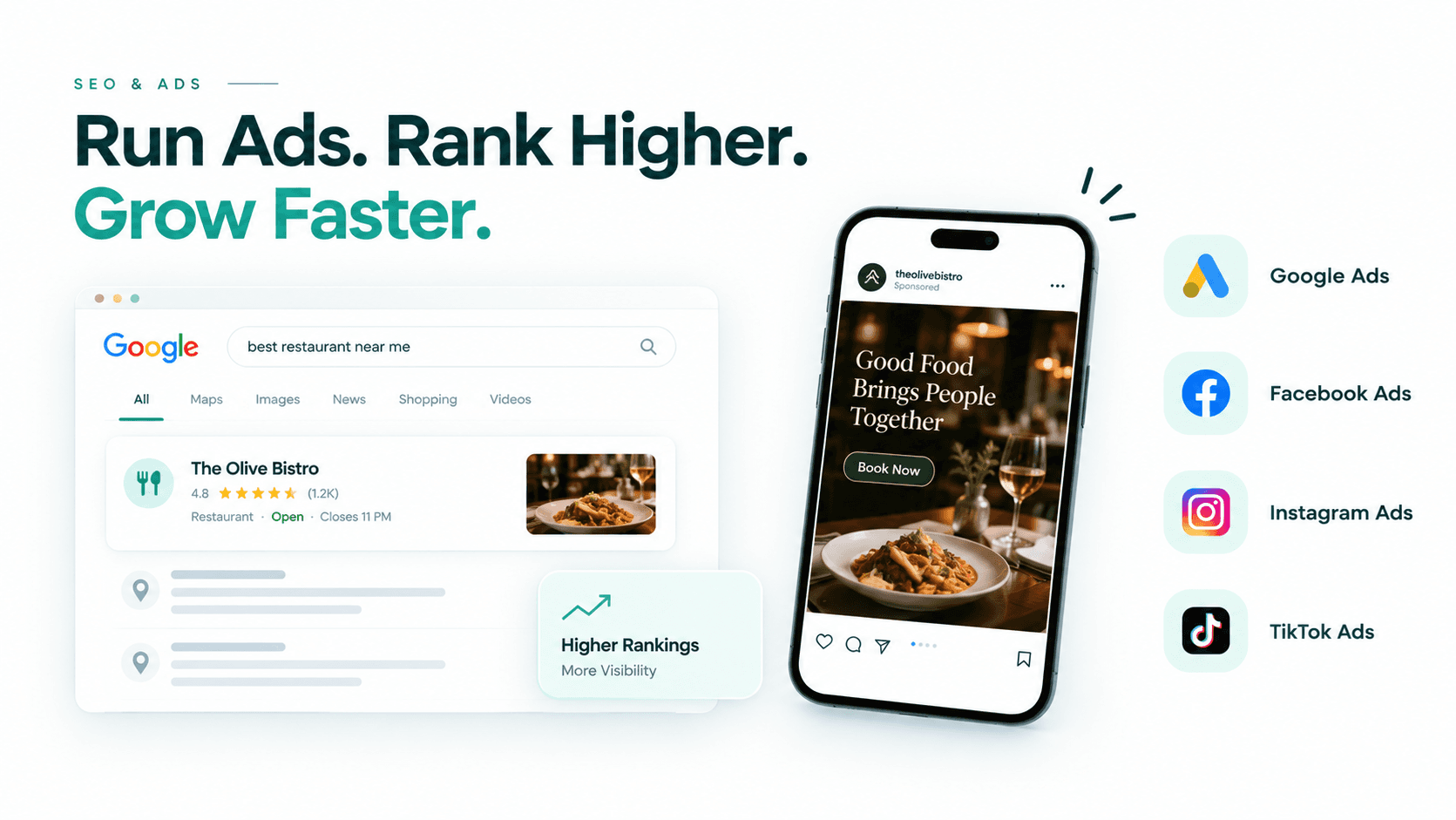 A Google search result and a sponsored Instagram ad for a restaurant, alongside Google, Facebook, Instagram and TikTok ads.