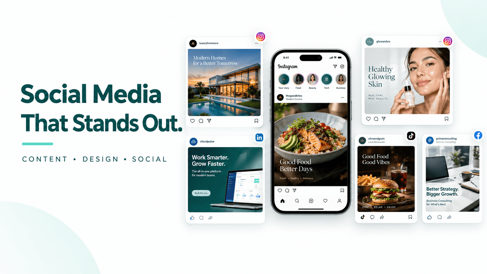 Social posts for real estate, software, skincare, restaurants and consulting across Instagram, LinkedIn, TikTok and Facebook.