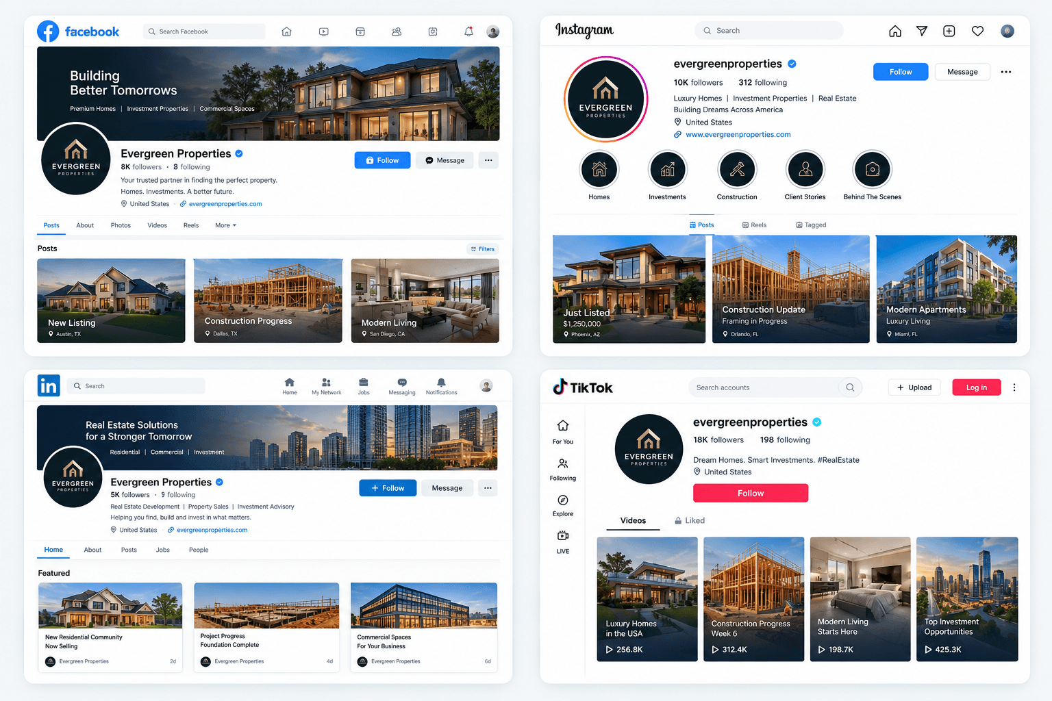 One brand shown consistently on Facebook, Instagram, LinkedIn and TikTok, with matching profiles, covers and posts.